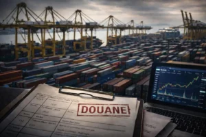 Document douanier tamponné DOUANE devant un port de conteneurs avec graphique financier affiché sur écran
