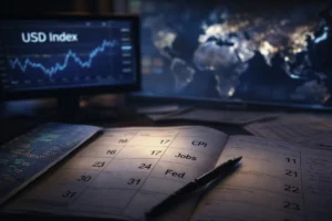 Calendrier macroéconomique américain avec CPI, emplois et Fed, écran USD Index et carte du monde en arrière-plan