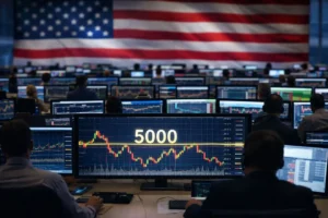 Salle de marché américaine avec écrans affichant un seuil technique autour de 5000 dollars sur les métaux précieux
