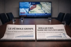 Deux journaux économiques sur une table de réunion avec actualités sur le pétrole et le dollar, devant un écran montrant le Moyen-Orient