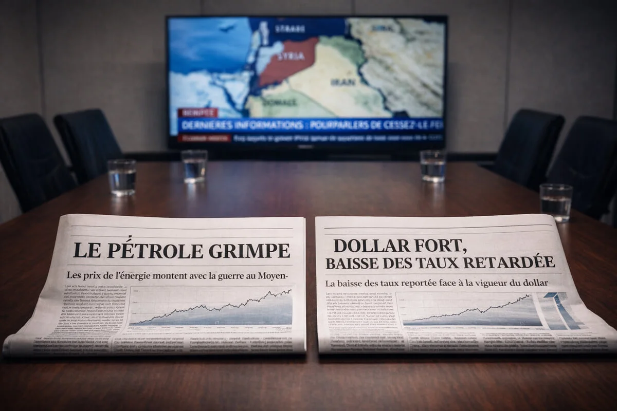Deux journaux économiques sur une table de réunion avec actualités sur le pétrole et le dollar, devant un écran montrant le Moyen-Orient