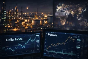Salle de contrôle énergétique avec graphiques du dollar et du pétrole en arrière-plan d’un terminal pétrolier