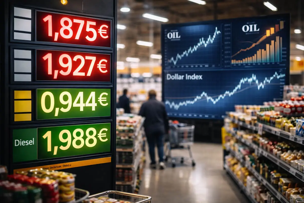 Panneau de prix du carburant dans un supermarché avec écran financier affichant l’évolution du dollar et du pétrole