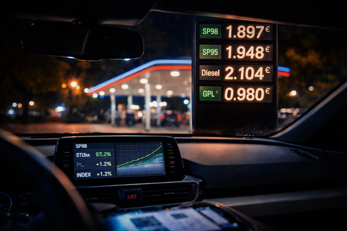 Panneau de prix carburant vu depuis l’habitacle d’une voiture, avec écran affichant la hausse du dollar et de l’énergie