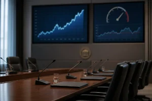 Salle de comité monétaire avec micros et écrans affichant la hausse des prix de l’énergie et une jauge d’inflation