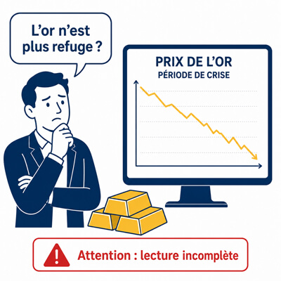 Un investisseur inquiet devant un graphique en baisse, avec une bulle “L’or n’est plus refuge ?” et un panneau “Attention lecture incomplète”.