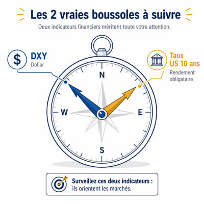 Une boussole avec deux aiguilles : “DXY” et “Taux US 10 ans”. Très bon visuel de fin d’article.