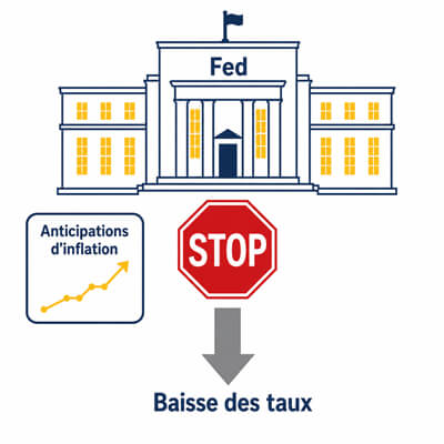 Un bâtiment “Fed” stylisé avec un panneau STOP devant une flèche de baisse des taux. L’idée : la baisse des taux est mise en pause.