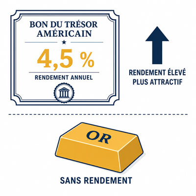 Une obligation américaine / bon du Trésor avec “4,5 %” écrit dessus, placée plus haut qu’un lingot d’or.
