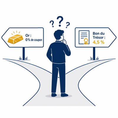 Deux chemins devant un investisseur : à gauche “Or : 0 % coupon”, à droite “Treasury : 4,5 %”. L’investisseur hésite ou se dirige vers l’obligation.