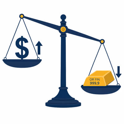 Une balance : d’un côté un symbole dollar qui monte, de l’autre un lingot d’or qui descend. Simple, clair, efficace.