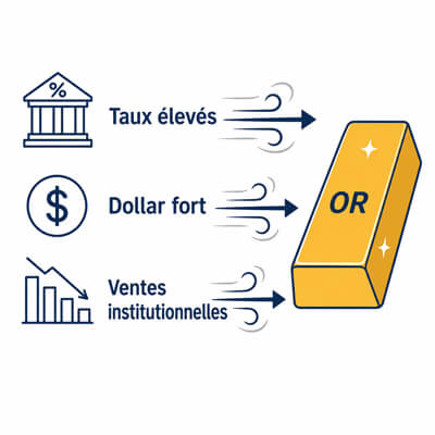 Un lingot d’or face à trois souffles/flèches : “Taux élevés”, “Dollar fort”, “Ventes institutionnelles”.