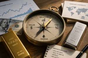 Boussole économique entourée d’un lingot d’or, d’un lingot d’argent et d’indicateurs financiers illustrant l’influence du dollar, des taux et de l’inflation sur les métaux précieux