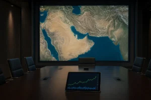 Salle de briefing géopolitique avec carte numérique du Golfe au mur et tablette affichant une courbe de marché en légère hausse