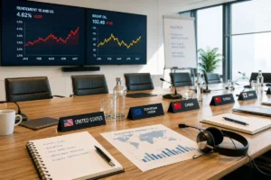 Salle de conférence économique avec écrans affichant les taux américains et le prix du pétrole dans un contexte de tensions macroéconomiques