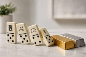 Dominos macroéconomiques symbolisant le pétrole, l’inflation, les taux et le dollar devant un lingot d’or et un lingot d’argent