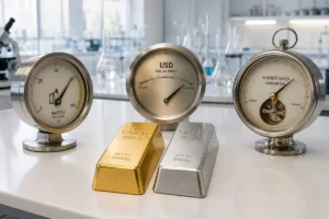 Lingot d’or et lingot d’argent observés avec des instruments mesurant l’énergie, le dollar et les taux d’intérêt