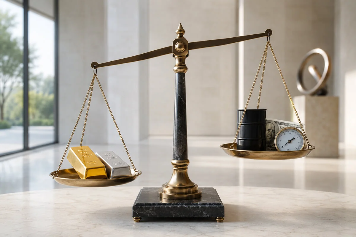 Balance moderne avec lingot d’or et lingot d’argent face au pétrole, au dollar et aux taux d’intérêt