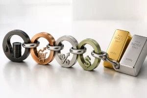 Chaîne métallique reliant le pétrole, l’inflation, les taux et le dollar à un lingot d’or et un lingot d’argent