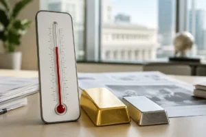 Thermomètre économique posé près d’un lingot d’or et d’un lingot d’argent pour illustrer l’impact de l’emploi américain, du dollar et de la Fed sur les métaux précieux