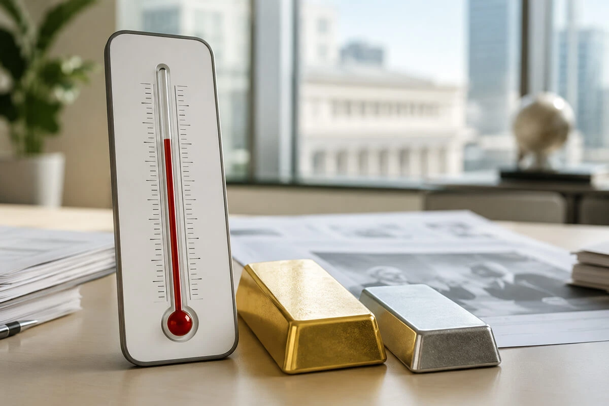 Thermomètre économique posé près d’un lingot d’or et d’un lingot d’argent pour illustrer l’impact de l’emploi américain, du dollar et de la Fed sur les métaux précieux