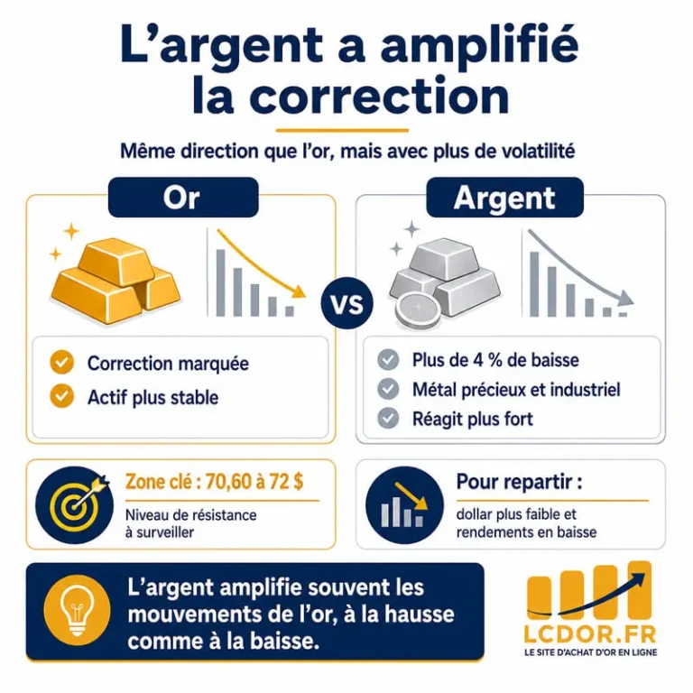 Infographie comparant l’or et l’argent, avec un argent plus volatil qui accentue la correction observée en fin de semaine.