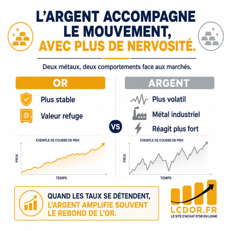 Infographie comparant l’or et l’argent, avec un métal blanc plus volatil qui amplifie les mouvements des métaux précieux.