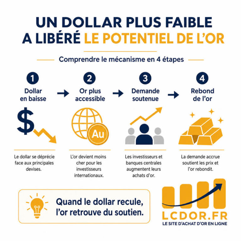 Infographie montrant comment le recul du dollar rend l’or plus accessible et soutient les métaux précieux en août 2026.