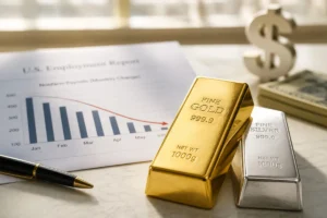 Lingot d’or et lingot d’argent devant un rapport sur l’emploi américain et un symbole du dollar en arrière-plan
