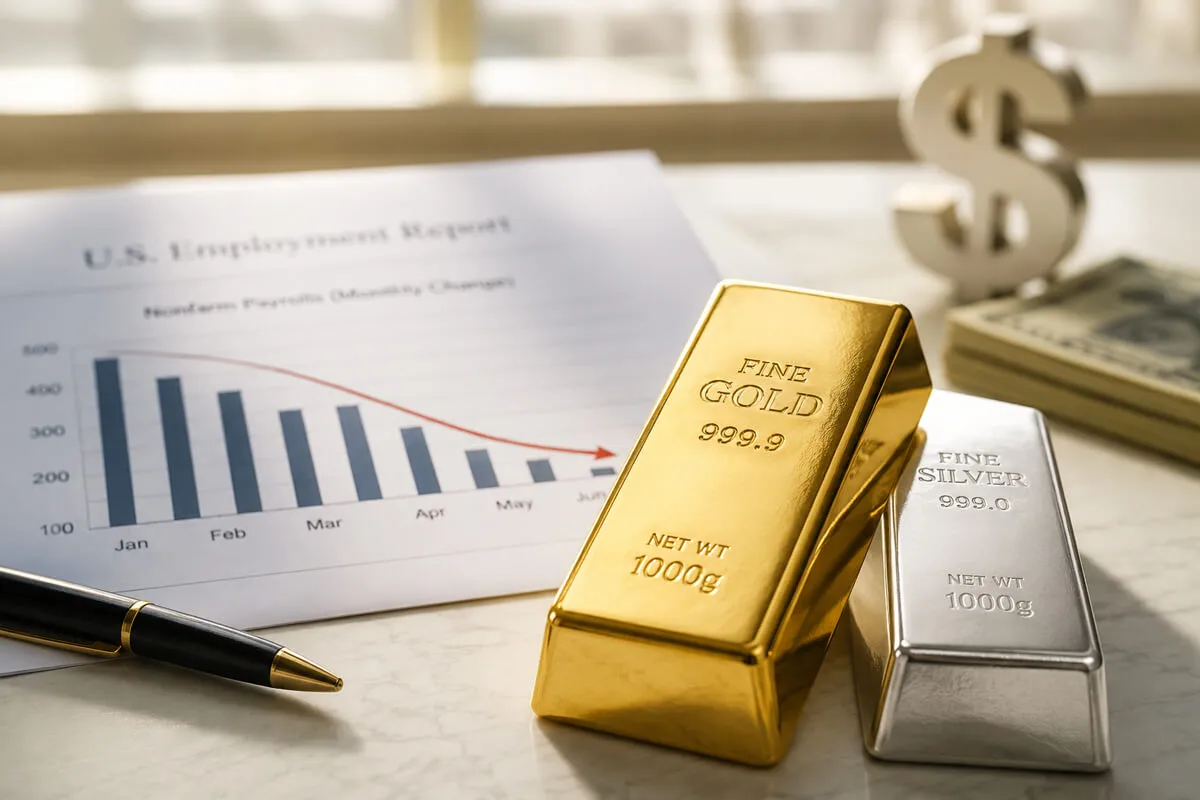 Lingot d’or et lingot d’argent devant un rapport sur l’emploi américain et un symbole du dollar en arrière-plan