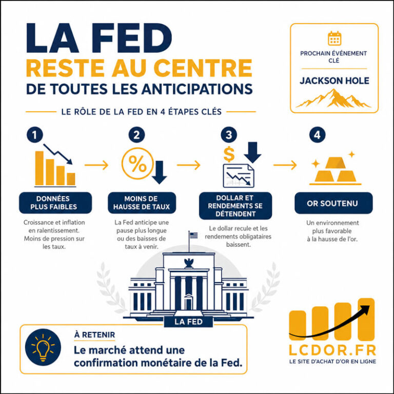 Illustration pédagogique sur le rôle de la Fed et de Jackson Hole dans les anticipations de taux et le prix de l’or.