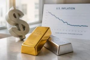 Lingot d’or et lingot d’argent devant un graphique d’inflation américaine en baisse et un symbole du dollar affaibli