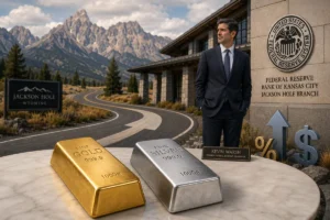 Lingot d’or et lingot d’argent devant Kevin Warsh, le logo de la Fed et Jackson Hole, avec des symboles de taux et de dollar
