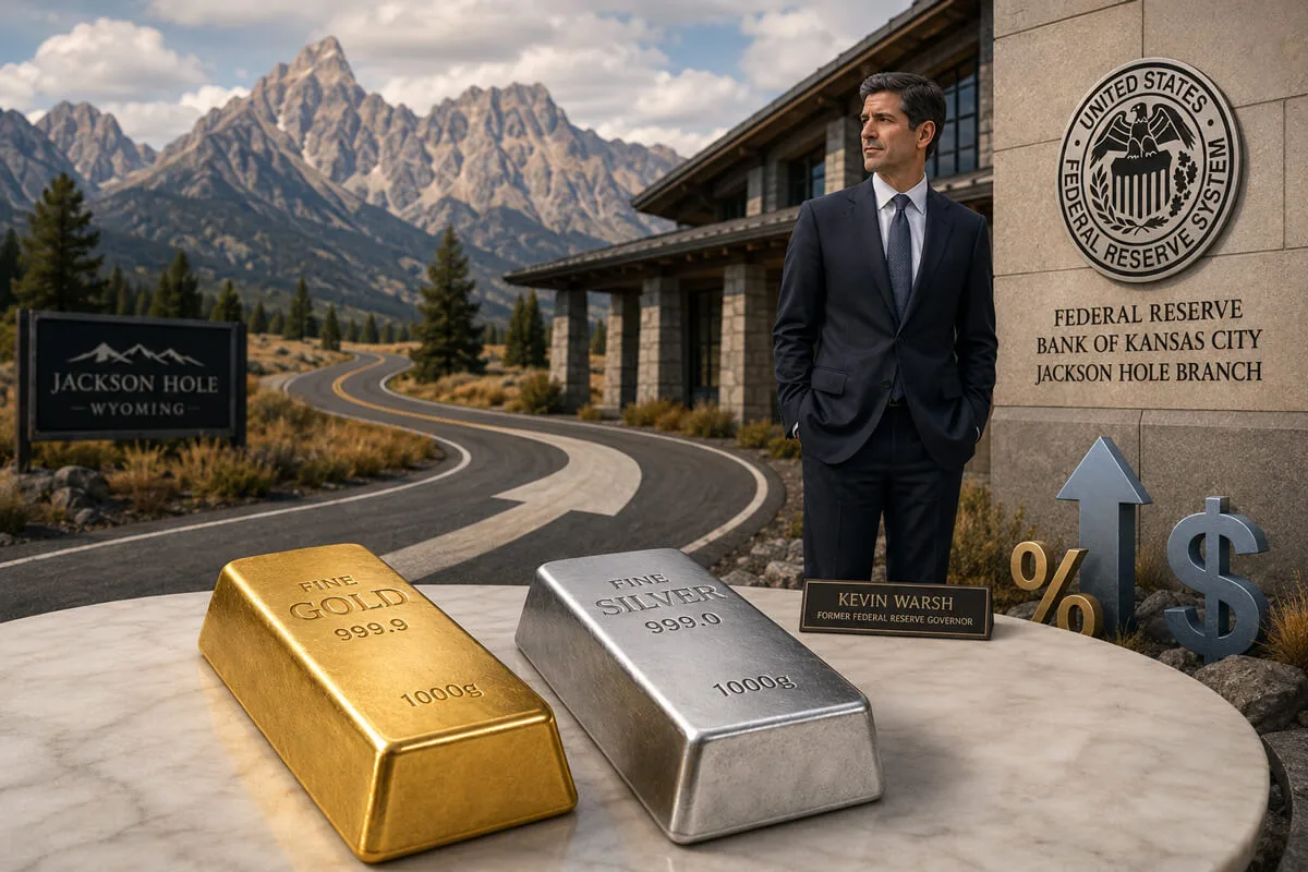 Lingot d’or et lingot d’argent devant Kevin Warsh, le logo de la Fed et Jackson Hole, avec des symboles de taux et de dollar
