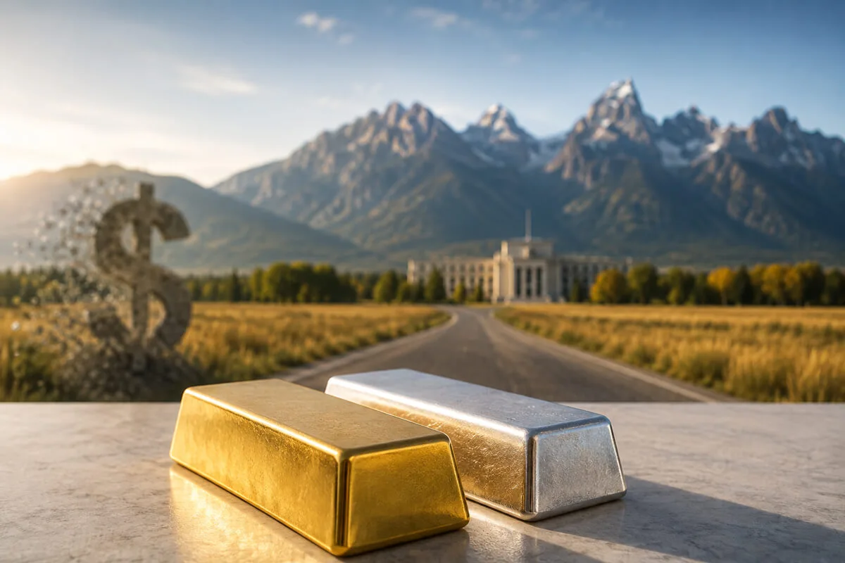 Lingot d’or et lingot d’argent devant une route menant vers Jackson Hole, avec un symbole du dollar affaibli en arrière-plan