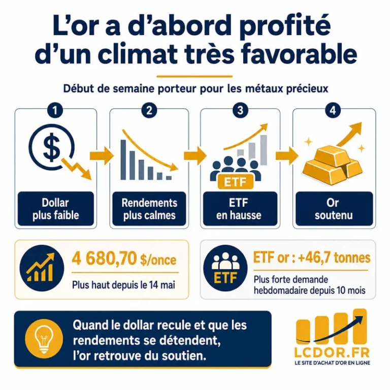 Infographie montrant le rebond de l’or porté par un dollar plus faible, des rendements plus calmes et des flux ETF en hausse fin août 2026.