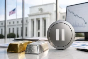 Lingot d’or et lingot d’argent devant un bouton pause symbolisant la Fed et le recul du dollar sur les métaux précieux
