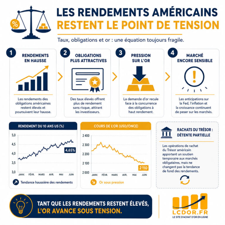 Infographie expliquant pourquoi les rendements américains restent un point de tension majeur pour le marché de l’or.