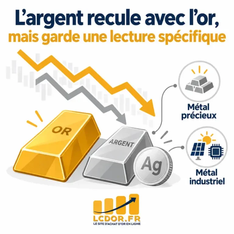 Infographie comparant l’or et l’argent, avec un argent pénalisé par le dollar et les taux mais soutenu par sa dimension industrielle.