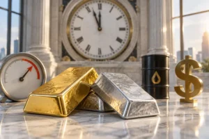 Lingot d’or et lingot d’argent devant une horloge symbolisant l’attente de la Fed, avec inflation, pétrole et dollar en arrière-plan