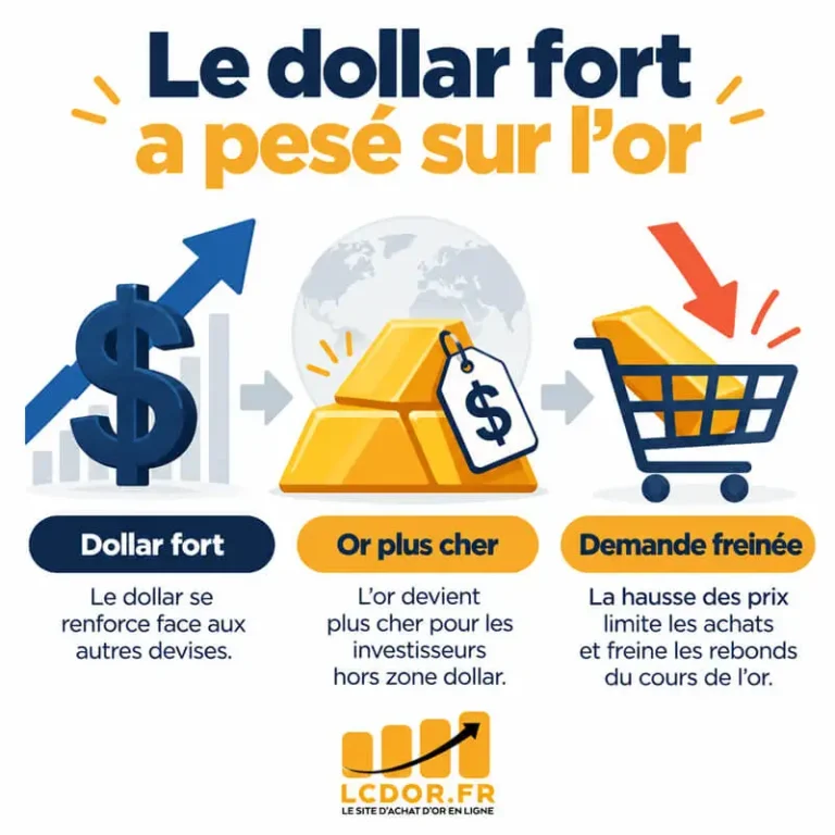 Infographie expliquant comment un dollar fort rend l’or plus coûteux pour les acheteurs internationaux et freine la demande sur le marché.