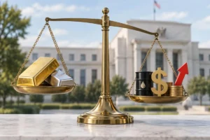 Balance financière avec lingot d’or et lingot d’argent face au pétrole, au dollar et aux taux de la Fed