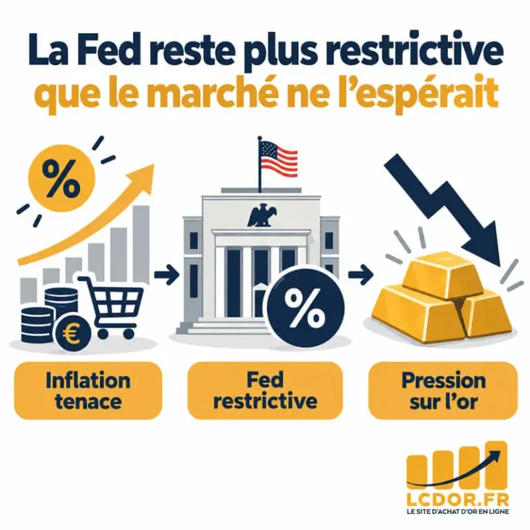 Infographie montrant comment une Fed plus restrictive, portée par une inflation persistante, maintient la pression sur l’or via les taux élevés.