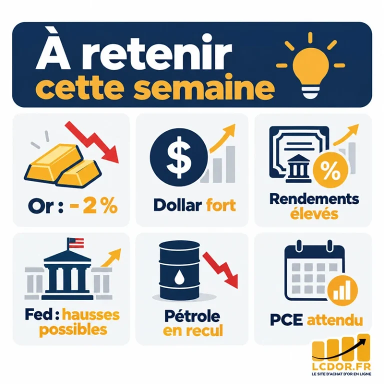 Infographie résumant la semaine des métaux précieux avec l’or en baisse, un dollar fort, des rendements élevés, une Fed restrictive, un pétrole en recul et un PCE attendu.