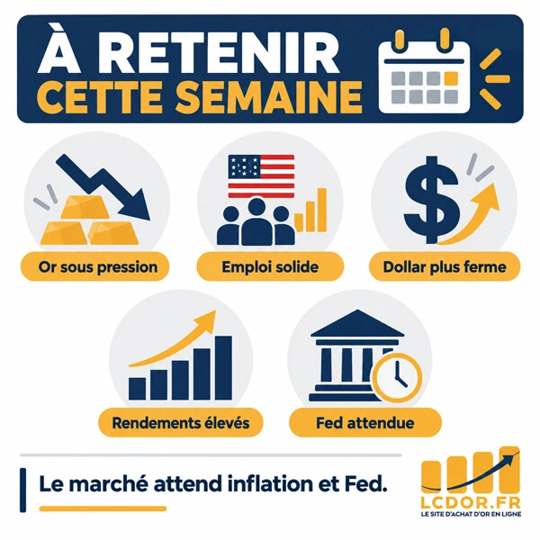 Infographie résumant les principaux facteurs ayant pesé sur l’or début septembre 2026 : emploi américain solide, dollar plus ferme, rendements élevés et attente de la Fed.