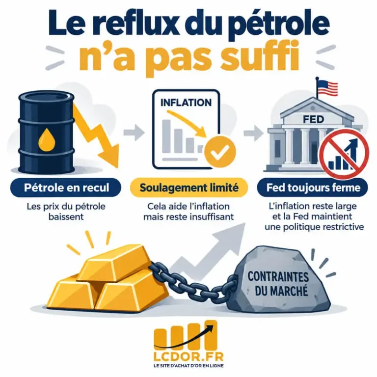 Infographie expliquant pourquoi la baisse du pétrole n’a pas suffi à soutenir l’or, la Fed restant préoccupée par une inflation plus diffuse.