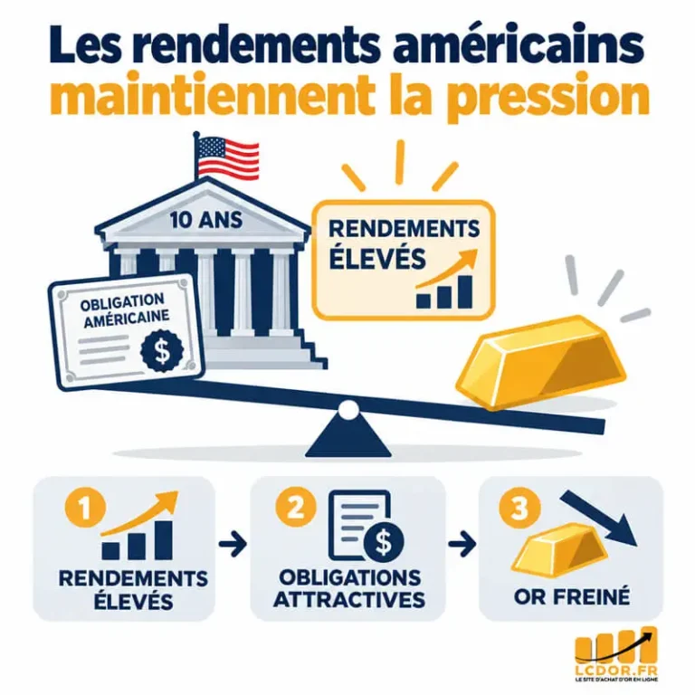 Infographie montrant comment des rendements américains élevés rendent les obligations plus attractives et freinent la progression de l’or.