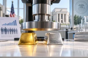 Lingot d’or et lingot d’argent sous une presse symbolisant la pression de la Fed, du dollar et de l’emploi américain sur les métaux précieux