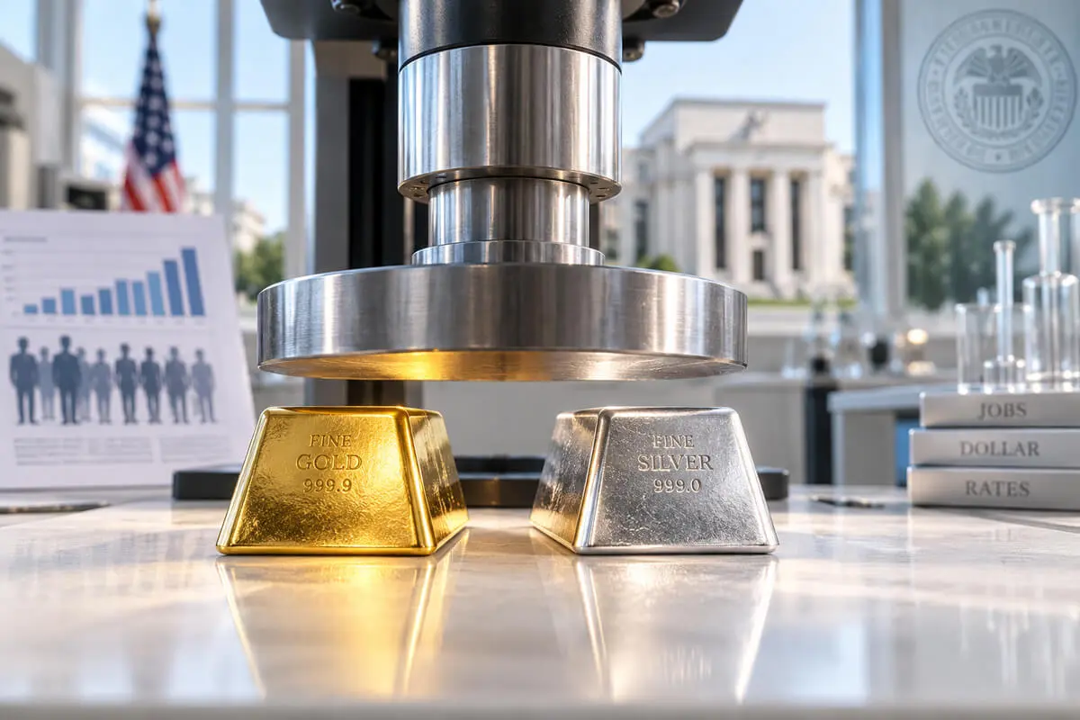 Lingot d’or et lingot d’argent sous une presse symbolisant la pression de la Fed, du dollar et de l’emploi américain sur les métaux précieux