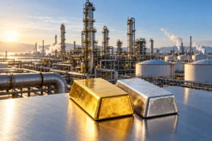 Lingot d’or et lingot d’argent sur une surface métallique devant une raffinerie de pétrole en activité